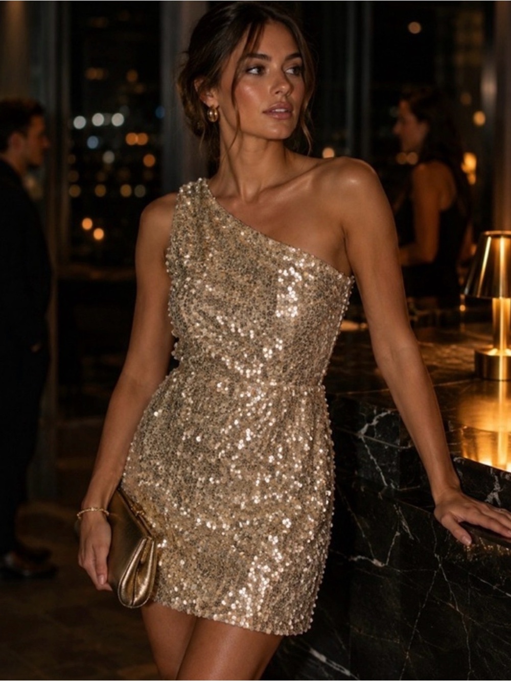 Chelsea Violet One Shoulder Sequin L Mini Dress Gold Metallic Party Cocktail